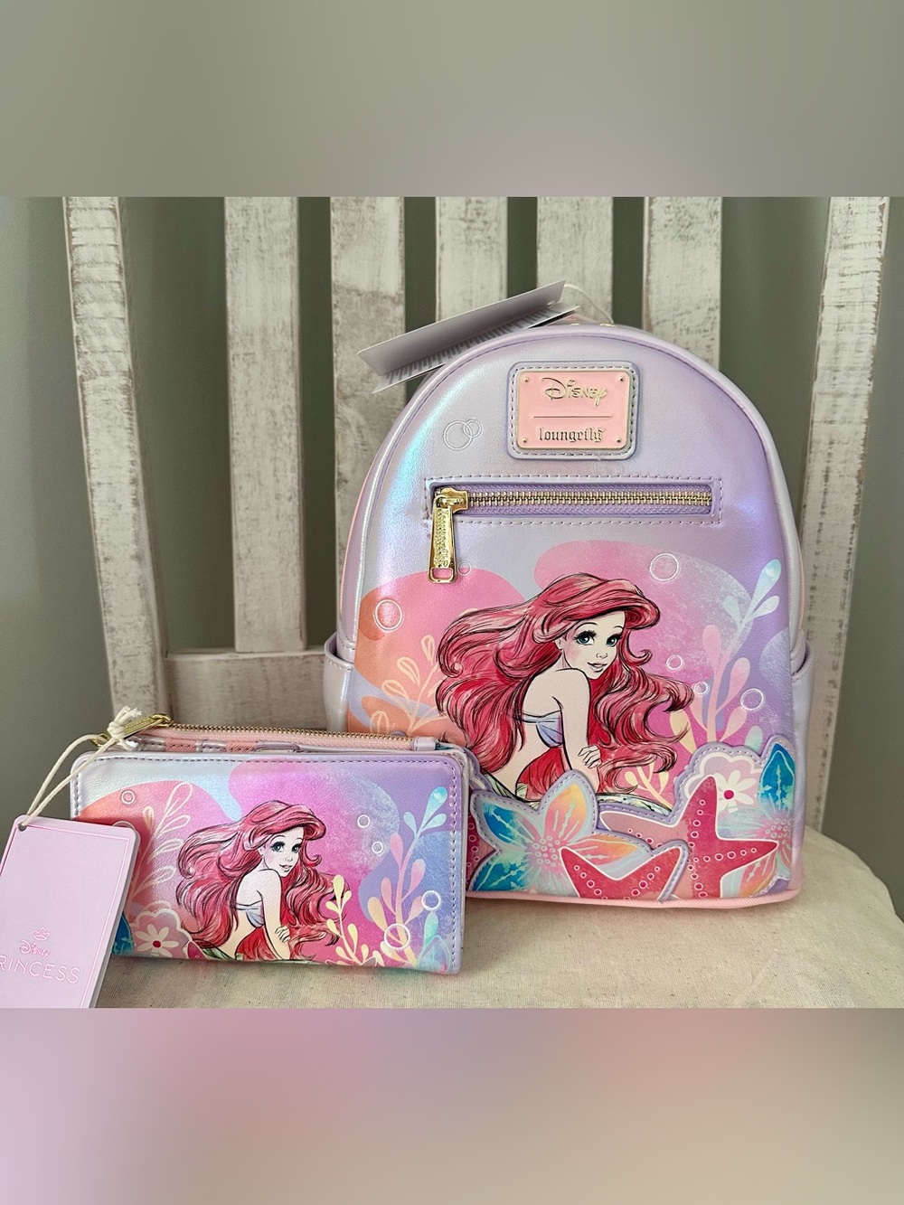 Loungefly x Disney Little Mermaid Ariel Soft Floral Mini Backpack & Flap Wallet